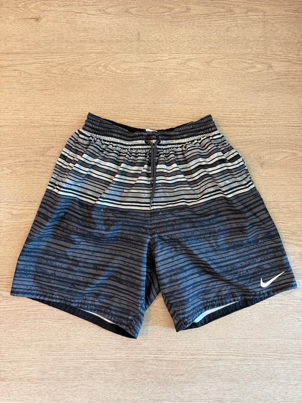 Nike Men’s Black and Gray Striped Swim Trunks